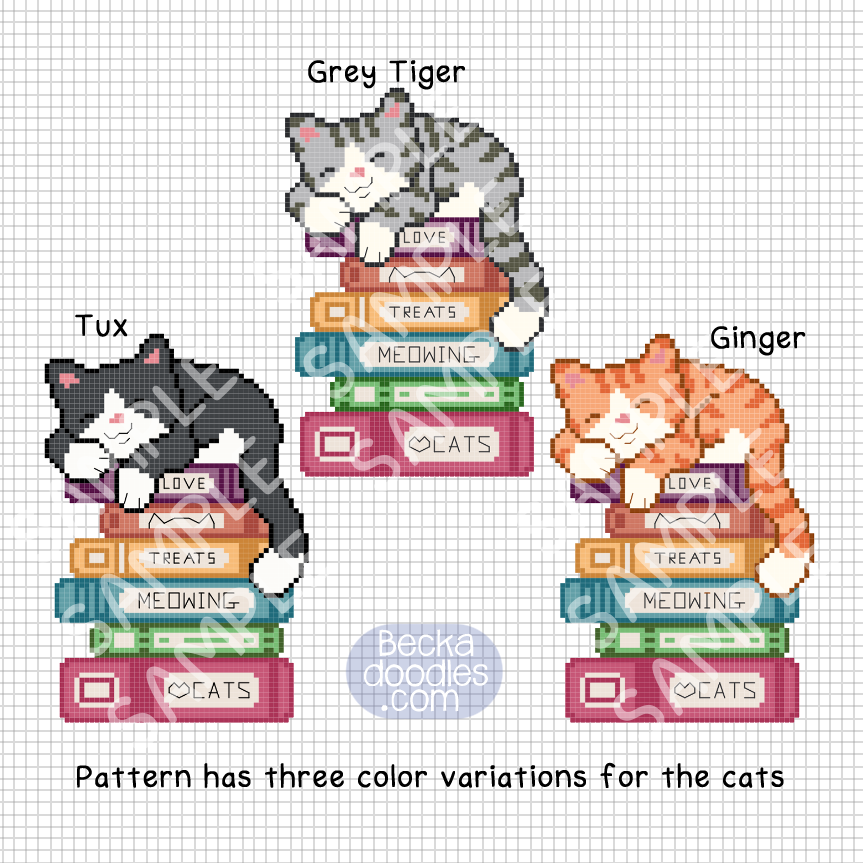 Sleepy Cat Book Stack Cross Stitch Pattern