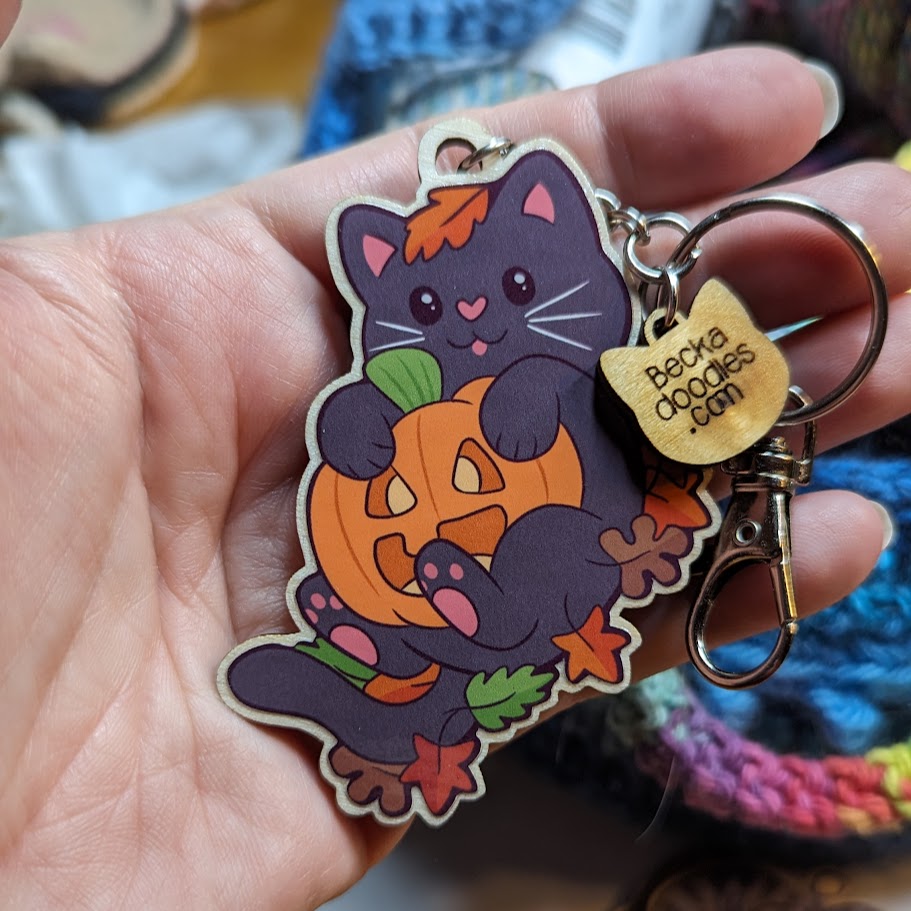 Halloween Cat Wooden Keychain