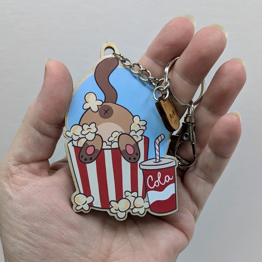 Popcorn Cat Wooden Keychain