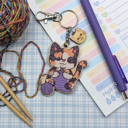 Knitting Cat Wooden Keychain