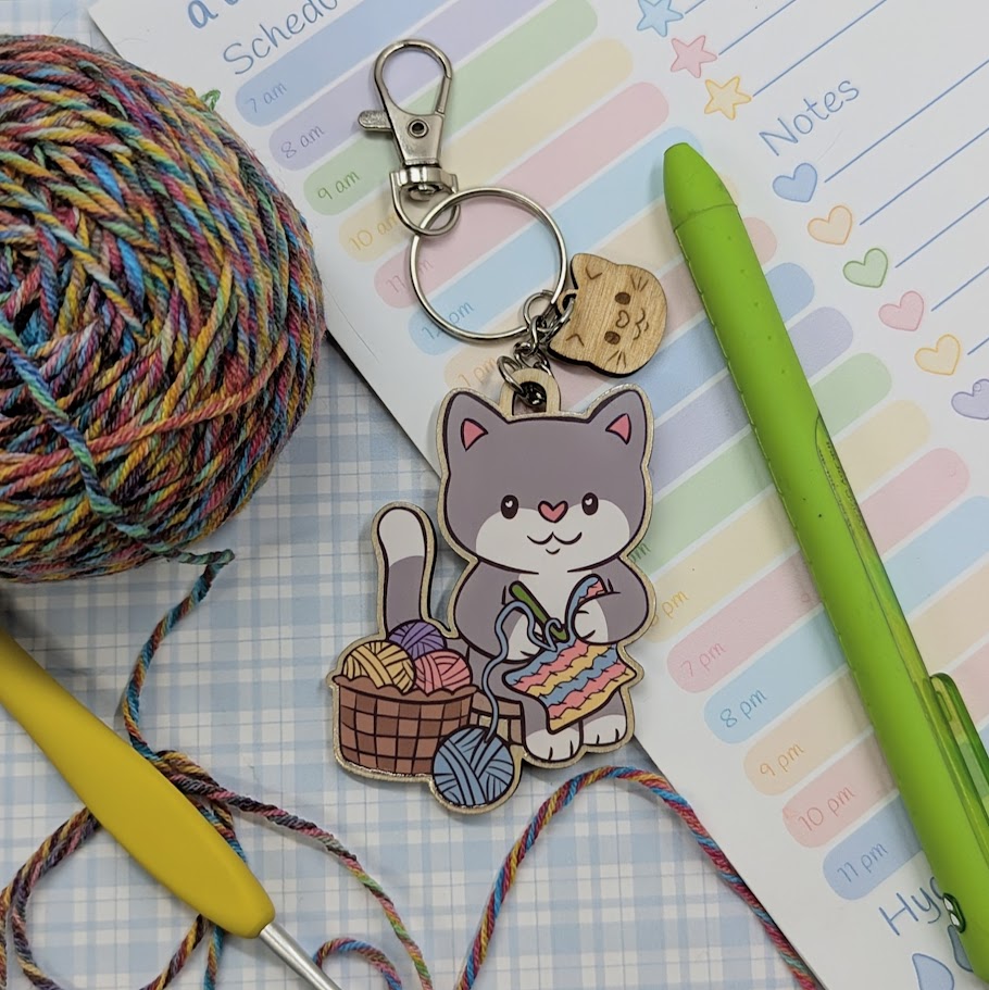 Crochet Cat Wooden Keychain