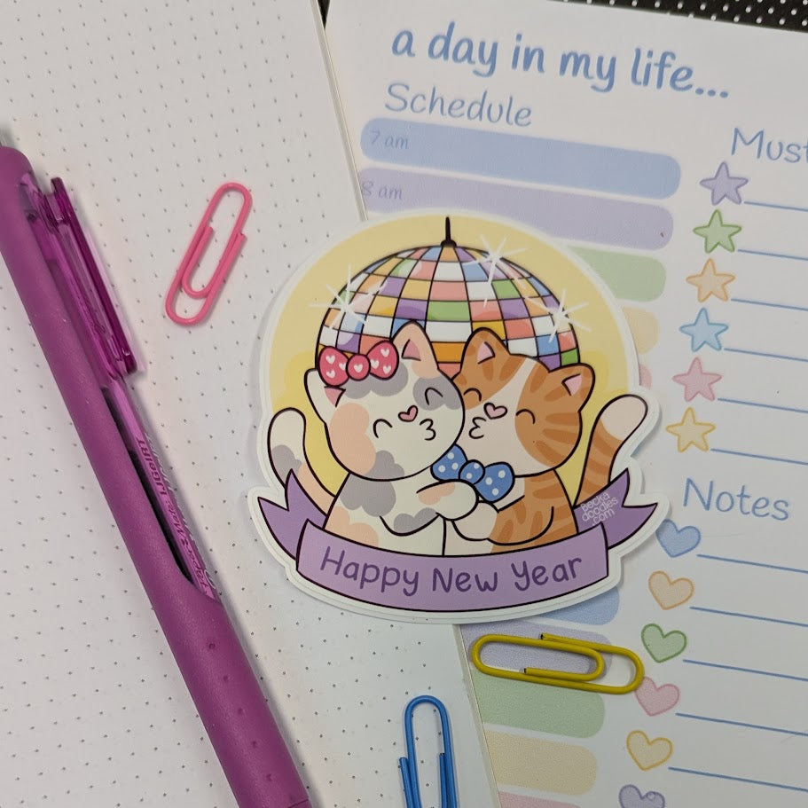 Happy New Year Disco Ball Cats Sticker