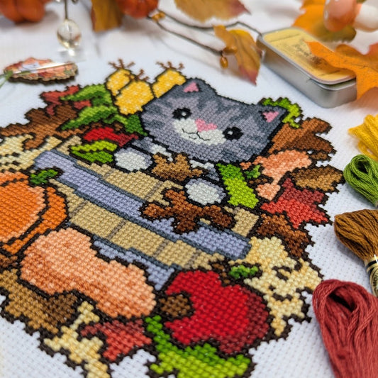 Fall Basket Cat Cross Stitch Pattern