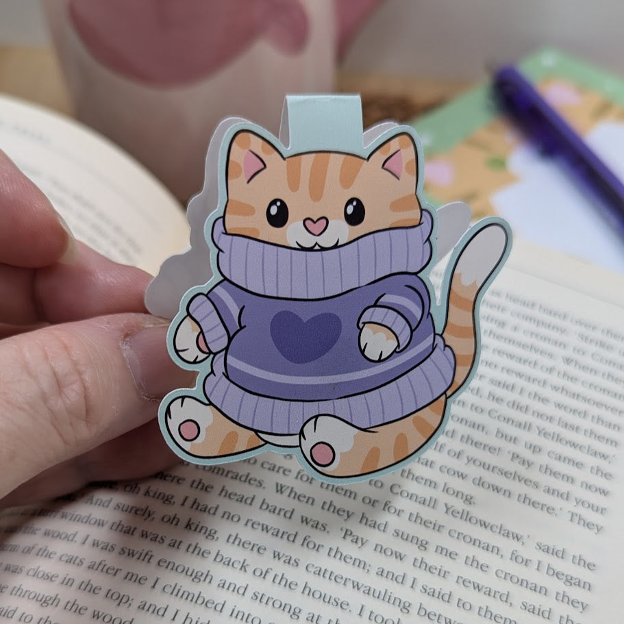 Purple Sweater Ginger Cat Magnetic Bookmark