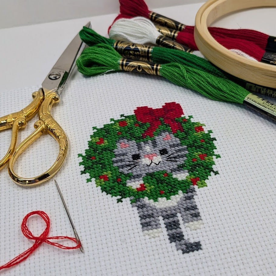 Christmas Wreath Cat Cross Stitch Pattern