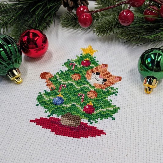 Christmas Tree Cat Cross Stitch Pattern