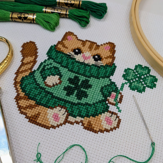 Clover Sweater Cat Cross Stitch Pattern