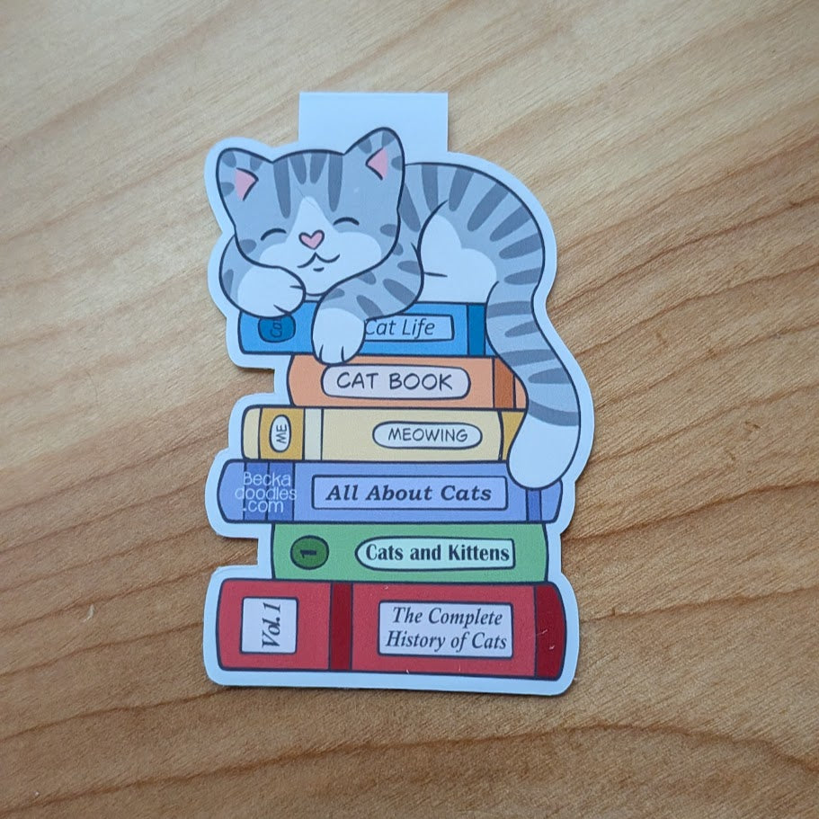 Sleepy Cat Book Stack Magnetic Bookmark