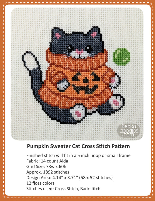 Graphic design layout of 'Pumpkin Sweater Cat Cross Stitch Pattern' design by BeckaDoodles, showing a completed stitched cat in an orange pumpkin sweater on a light fabric background, with text detailing the pattern specifications below.