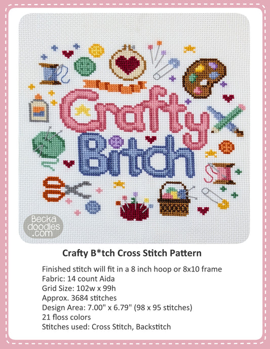 Graphic design layout of 'Crafty Bitch
Cross Stitch Pattern' design by BeckaDoodles, showing a completed stitched design featuring words and crafting supplies on white fabric, with text detailing the pattern specifications below.