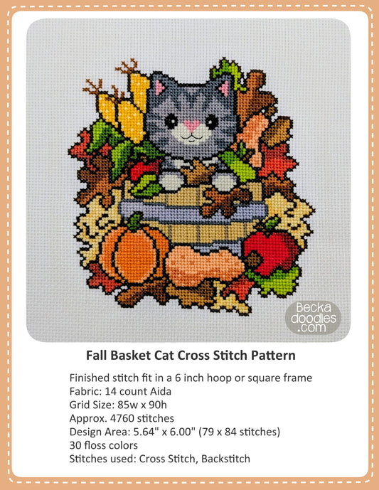 Graphic design layout of 'Fall Basket Cat Cross Stitch Pattern' design by BeckaDoodles, showing a completed stitched cat in a basket with fall leaves and produce on a white fabric background, with text detailing the pattern specifications below.
