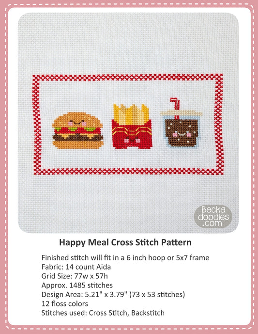 Graphic design layout of 'Happy Meal Cross Stitch Pattern' design by BeckaDoodles, featuring a completed hamburger, french fries, and soda inside a red checkered border on a white fabric background, with text detailing the pattern specifications below.