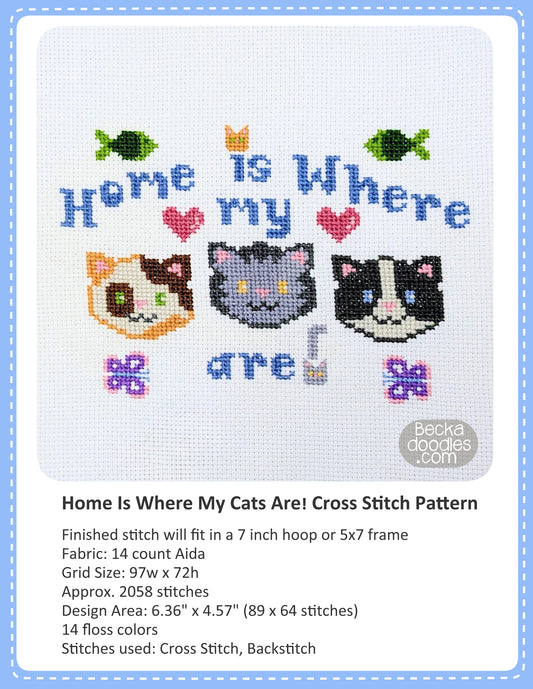 Graphic design layout of 'Home Is Where My Cats Are!' design by BeckaDoodles, showing a completed stitched project of 3 cat faces and small fish, hearts, and butterflies on a white fabric background, with text detailing the pattern specifications below.
