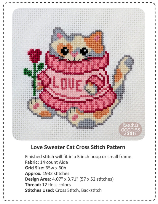 Graphic design layout of 'Love Sweater Cat Cross Stitch Pattern' design by BeckaDoodles, showing a completed stitched cat in an pink "love" sweater on a light fabric background, with text detailing the pattern specifications below.