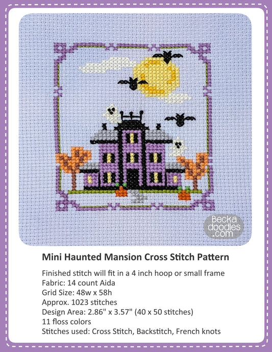 Graphic design layout of 'Min Haunted Mansion Cross Stitch Pattern' design by BeckaDoodles, showing a completed stitched haunted mansion with a border on light blue fabric, with text detailing the pattern specifications below.