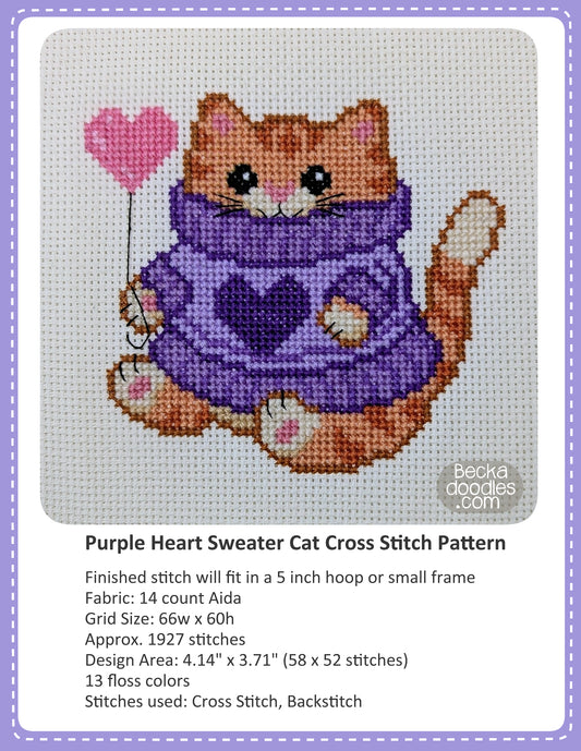 Graphic design layout of 'Purple Heart Sweater Cat Cross Stitch Pattern' design by BeckaDoodles, showing a completed stitched cat in a purple sweater on a cream fabric background, with text detailing the pattern specifications below.