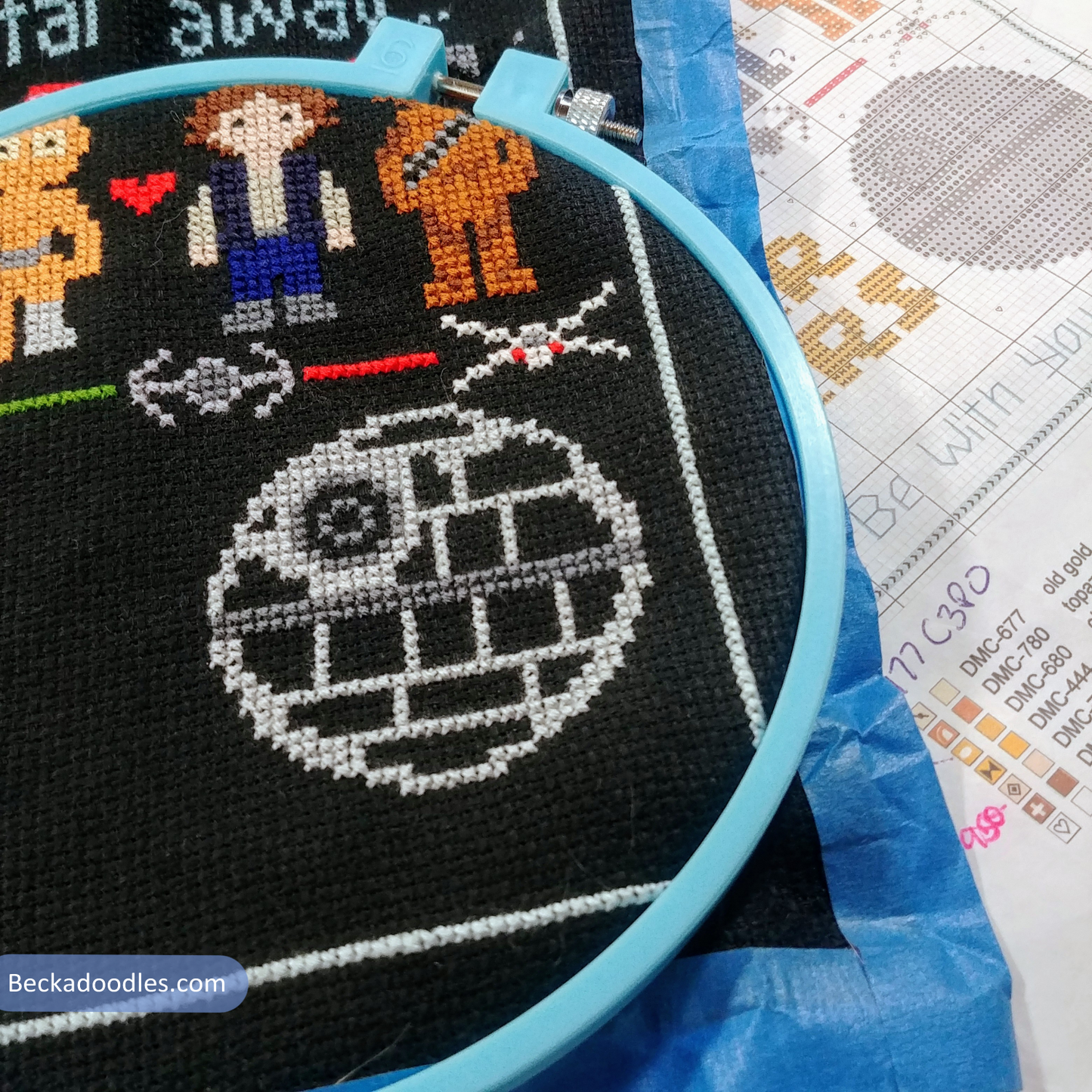 Cross-stitching project with a completed design of a character and a symbol, with embroidery floss and pattern paper in the background.