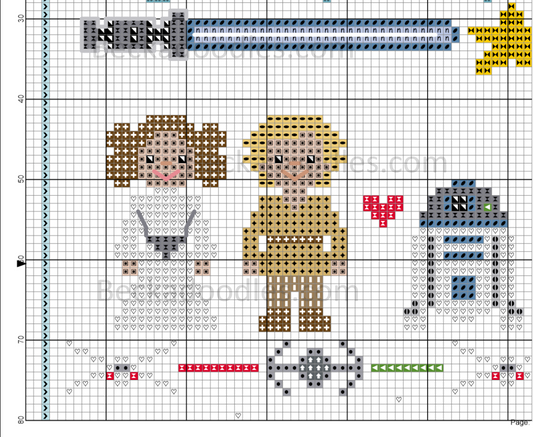 Cross-stitch pattern with characters and objects on a grid background