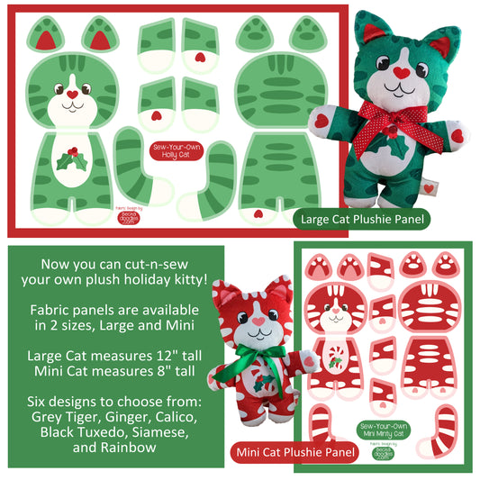 Christmas Cat Plushie Fabric Panel: Cut and Sew Cats