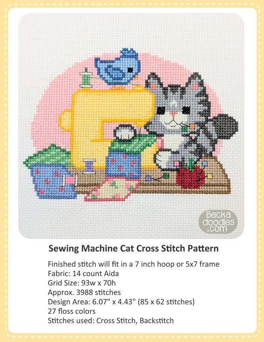 Graphic design layout of 'Sewing Machine Cat Cross Stitch Pattern' design by BeckaDoodles, showing a completed stitched cat using a sewing machine with colorfully stitch fabric and sewing supplies on a white fabric background, with text detailing the pattern specifications below.