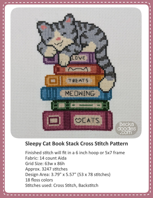 Graphic design layout of 'Sleepy Cat Book Stack Cross Stitch Pattern' design by BeckaDoodles, showing a completed stitched cat in sleeping on a stack of books on a white fabric background, with text detailing the pattern specifications below.