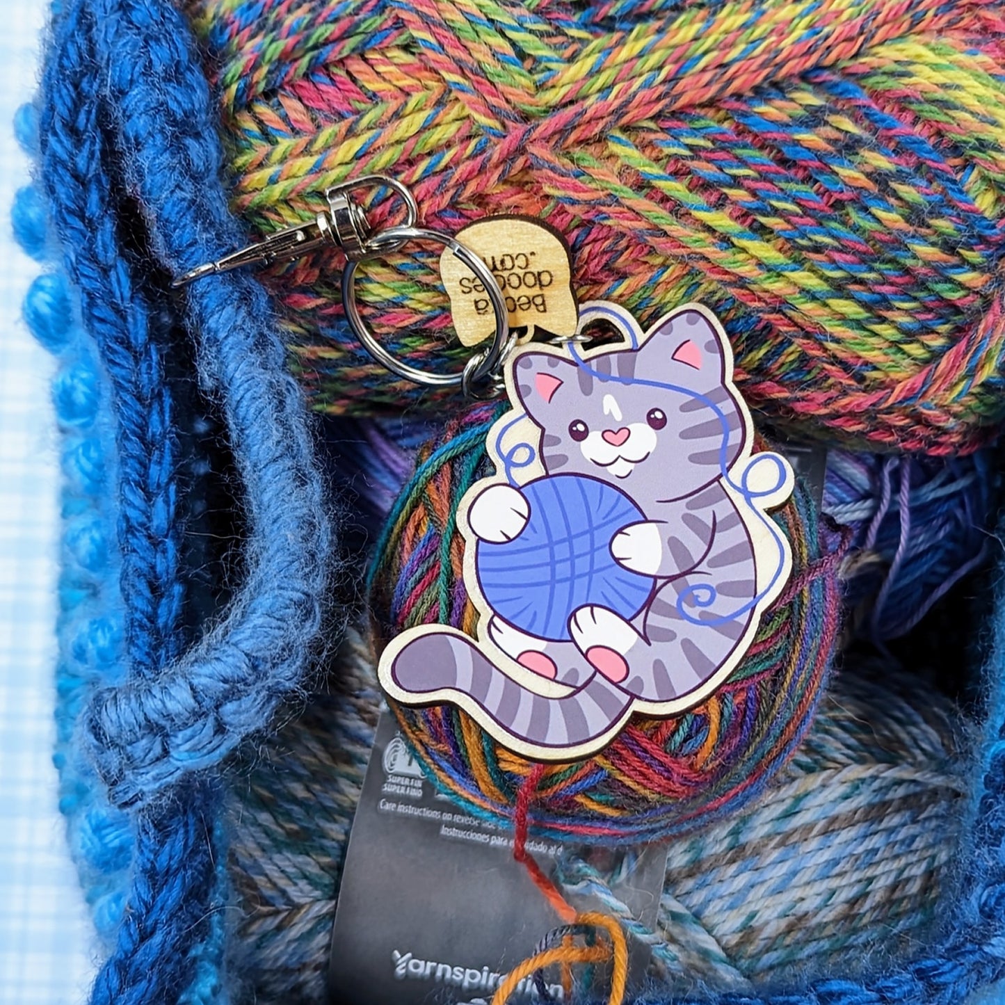 Yarn Lover Cat Wooden Keychain
