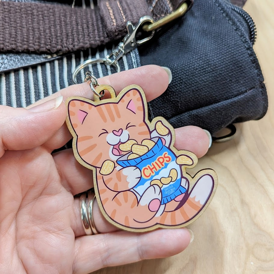 Snack Attack Cat Wooden Keychain