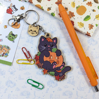 Halloween Cat Wooden Keychain