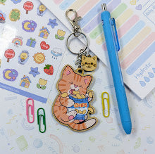 Snack Attack Cat Wooden Keychain