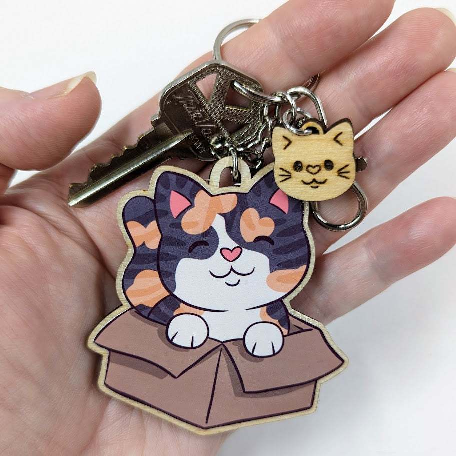 Calico Cat Wooden Keychain