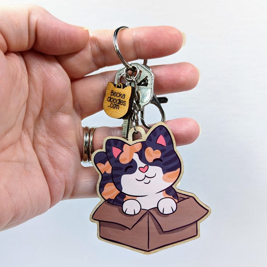 Calico Cat Wooden Keychain