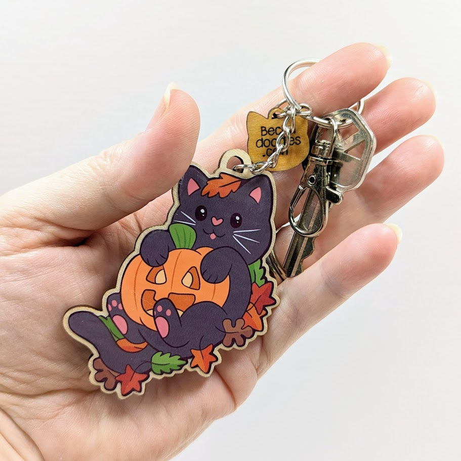 Halloween Cat Wooden Keychain