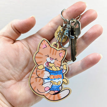 Snack Attack Cat Wooden Keychain