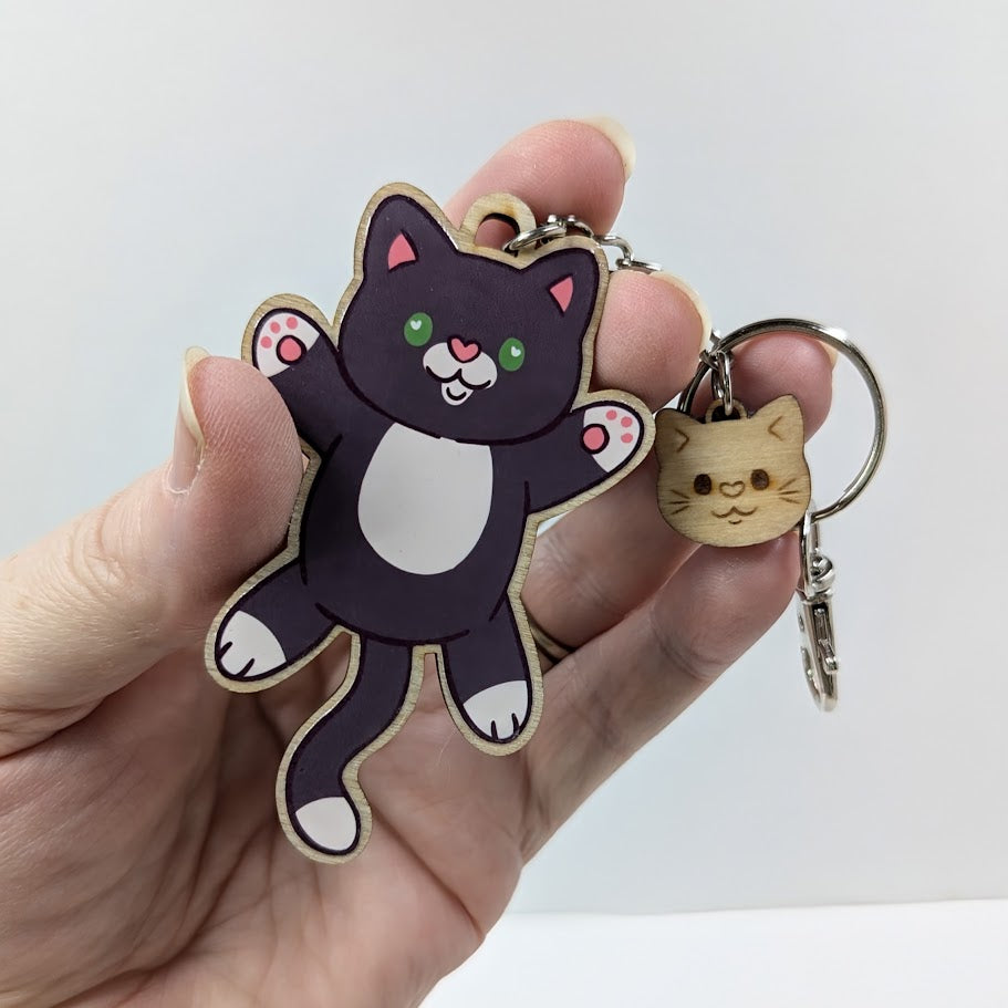 Tuxedo Cat Wooden Keychain