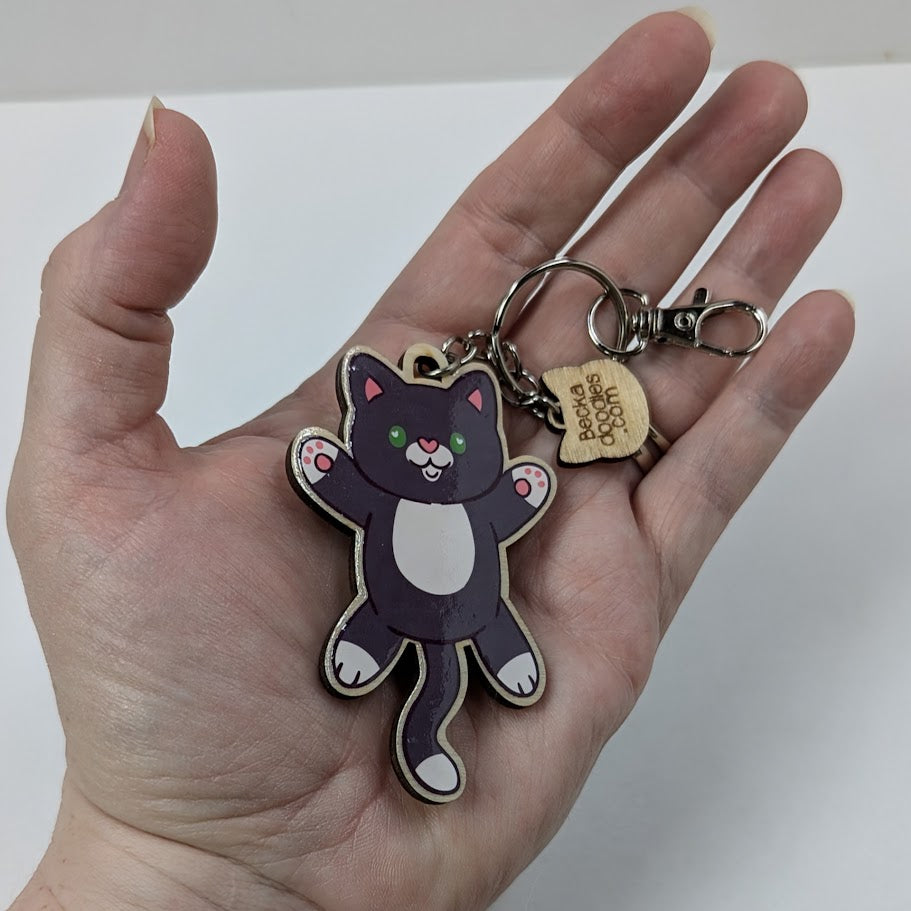 Tuxedo Cat Wooden Keychain