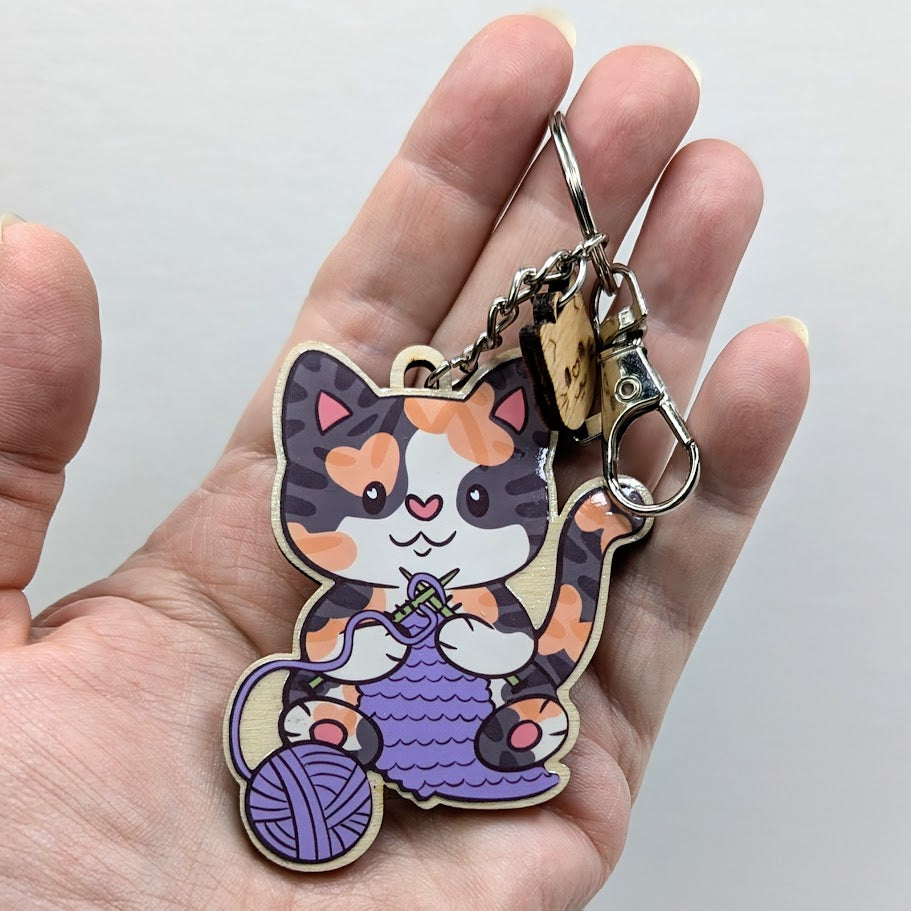 Knitting Cat Wooden Keychain