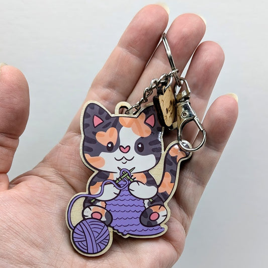 Knitting Cat Wooden Keychain