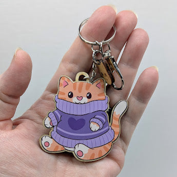 Purple Sweater Ginger Cat Wooden Keychain