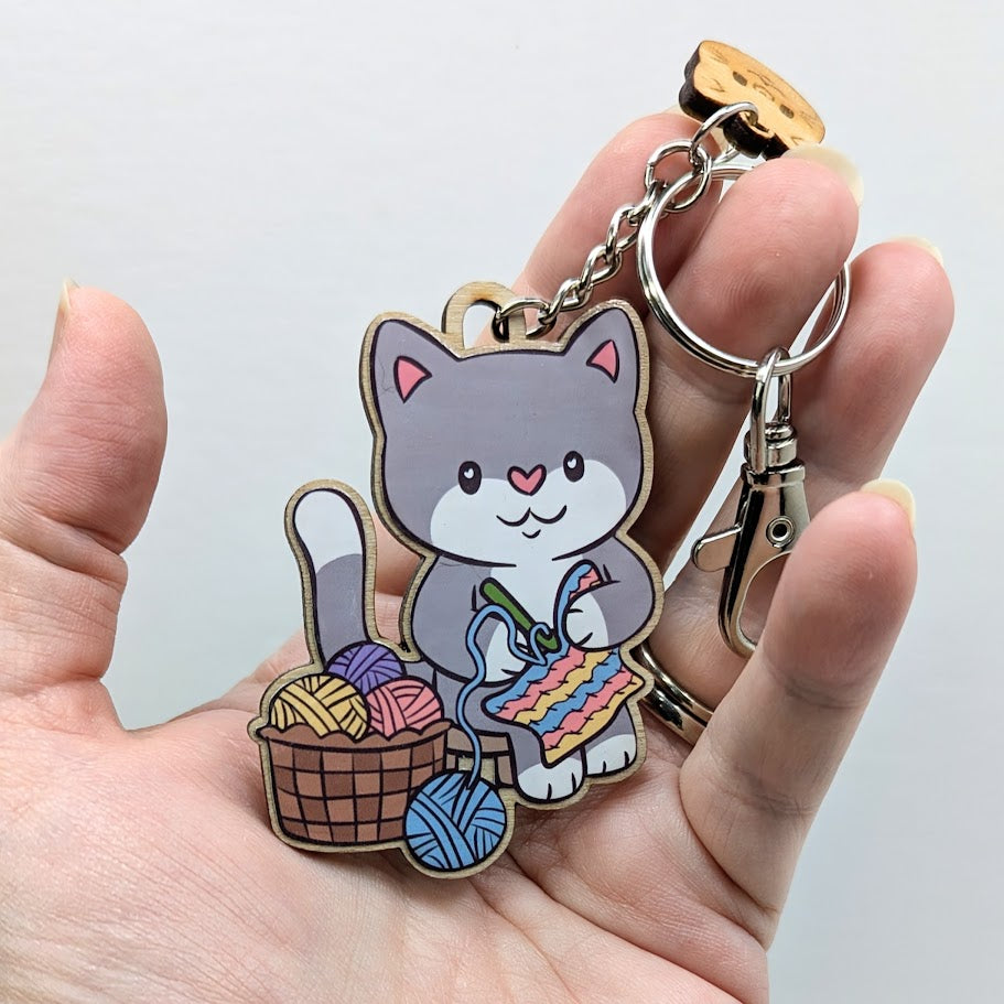 Crochet Cat Wooden Keychain