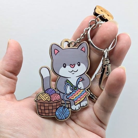 Crochet Cat Wooden Keychain
