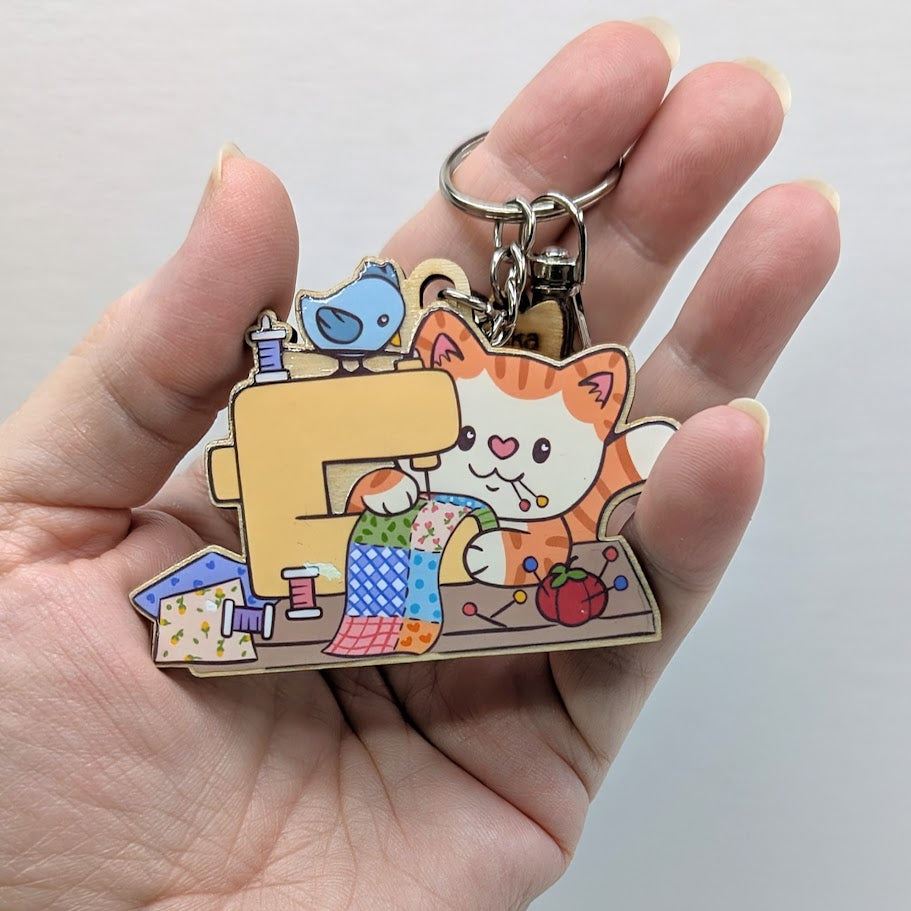 Sewing Cat Wooden Keychain