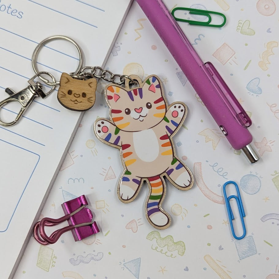 Rainbow Cat Wooden Keychain