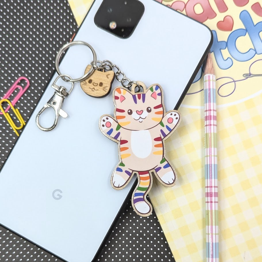 Rainbow Cat Wooden Keychain