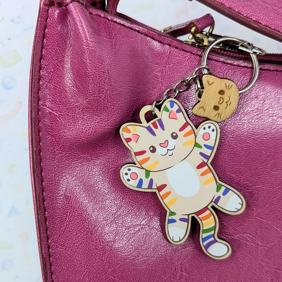 Rainbow Cat Wooden Keychain