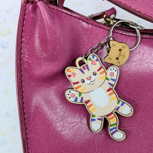 Rainbow Cat Wooden Keychain