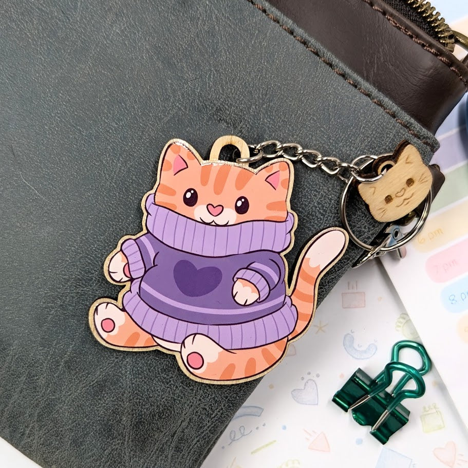 Purple Sweater Ginger Cat Wooden Keychain