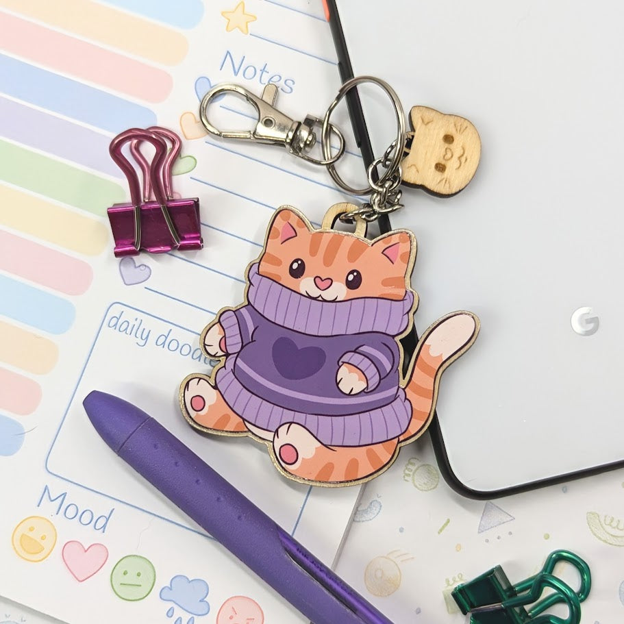 Purple Sweater Ginger Cat Wooden Keychain