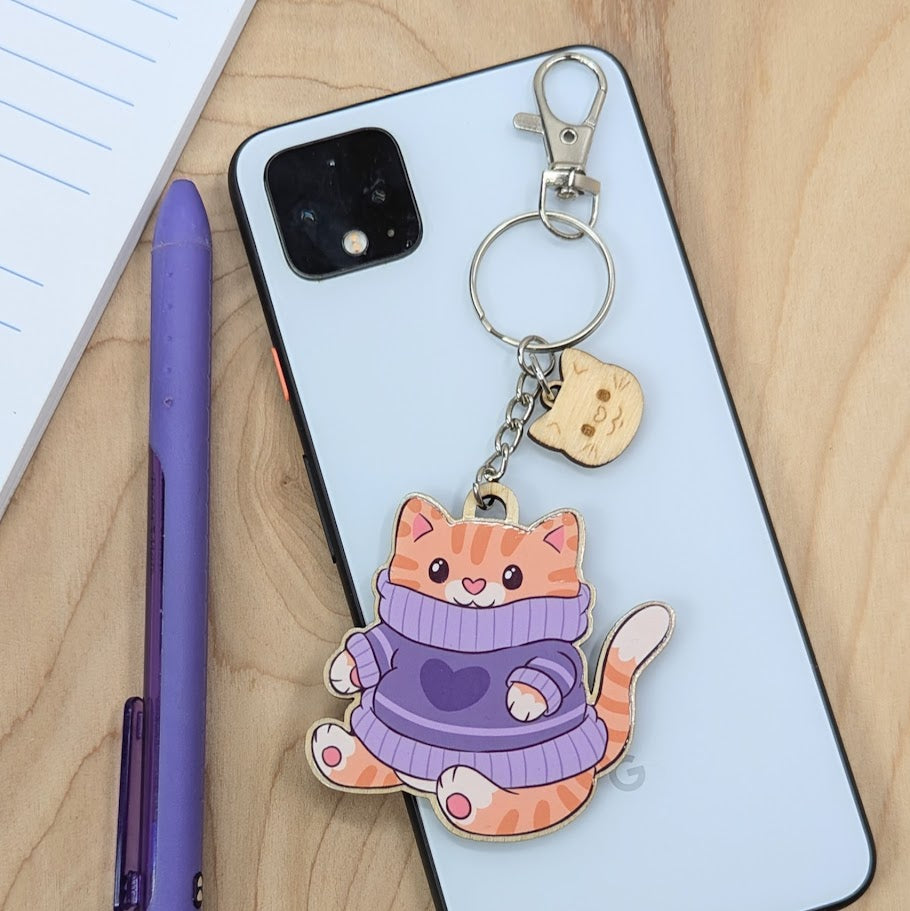 Purple Sweater Ginger Cat Wooden Keychain