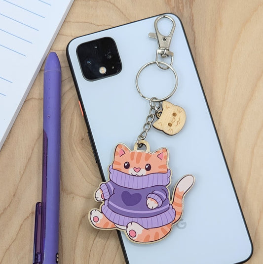 Purple Sweater Ginger Cat Wooden Keychain