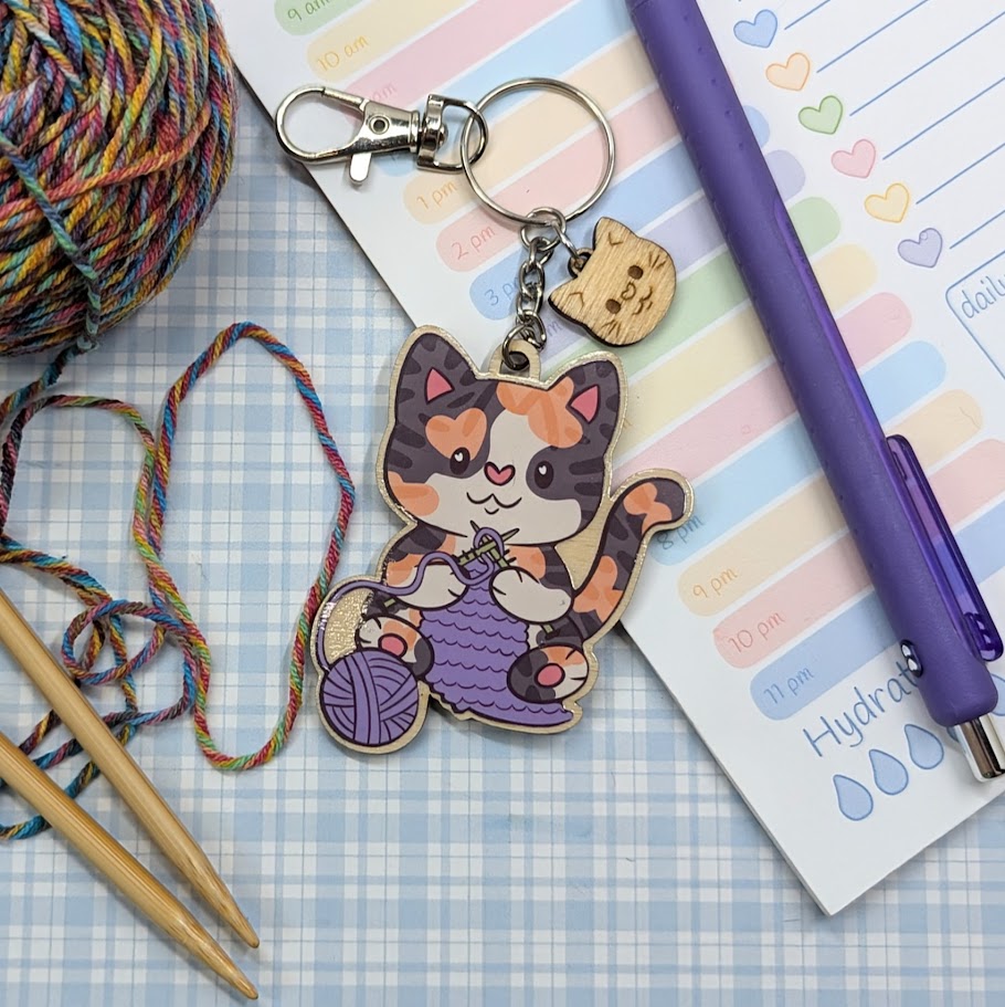 Knitting Cat Wooden Keychain